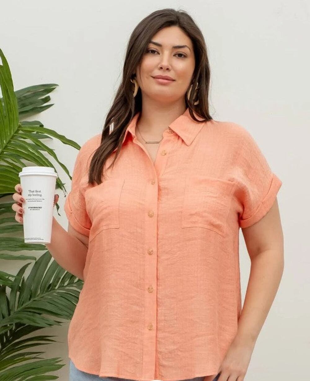Plus Size Collared Crinkled Cuff Sleeve Shirt